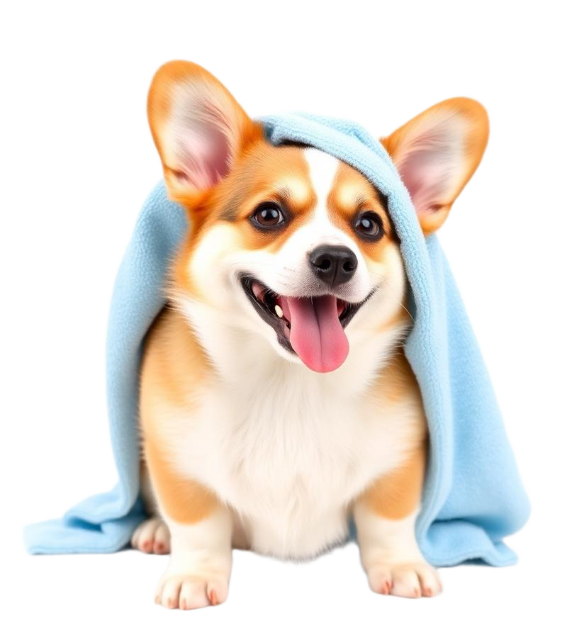 Corgi wrapped in a blue towel