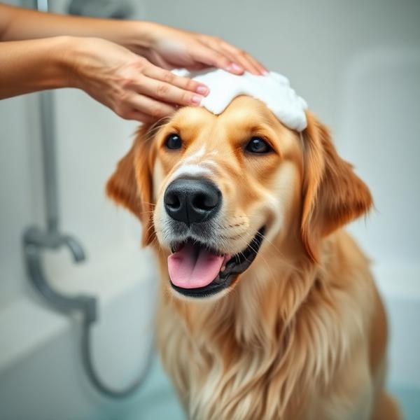 Golden retriever being shampooed