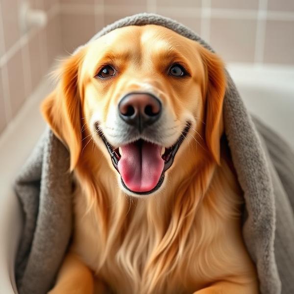 Dog wrapped in a towel after a bath